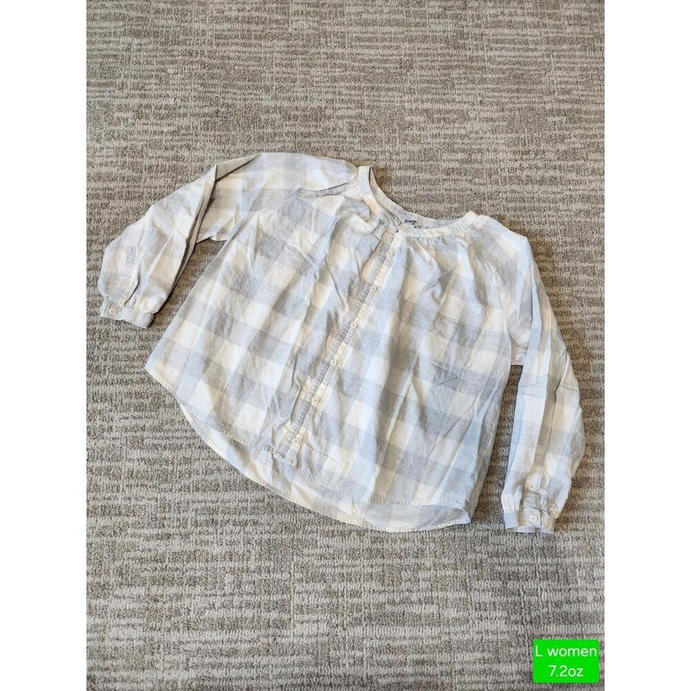 Duluth women's organic cotton long sleeve plaid button down shirt gray size L